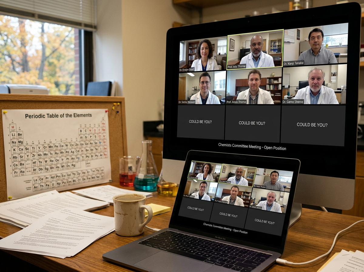 Virtual video conference with chemists and open job positions displayed